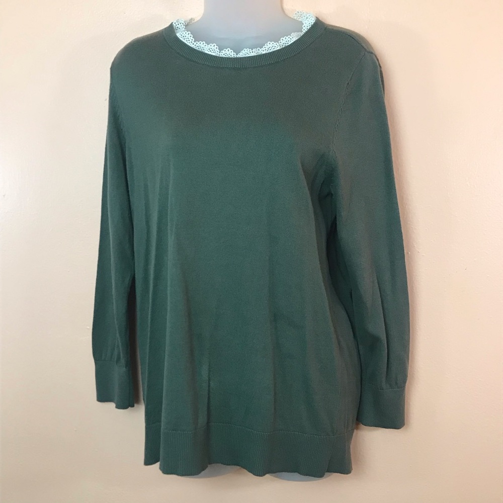 Loft Outlet Forest Green Cotton Sweater With White Lace Neck Women M